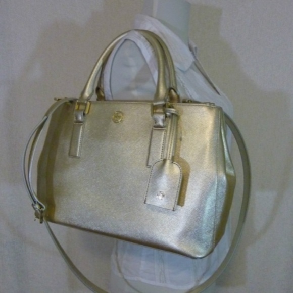 NEW Tory Burch Robinson Gold Saffiano Leather Mini Double-Zip Tote/Shoulder Bag - Picture 7 of 14